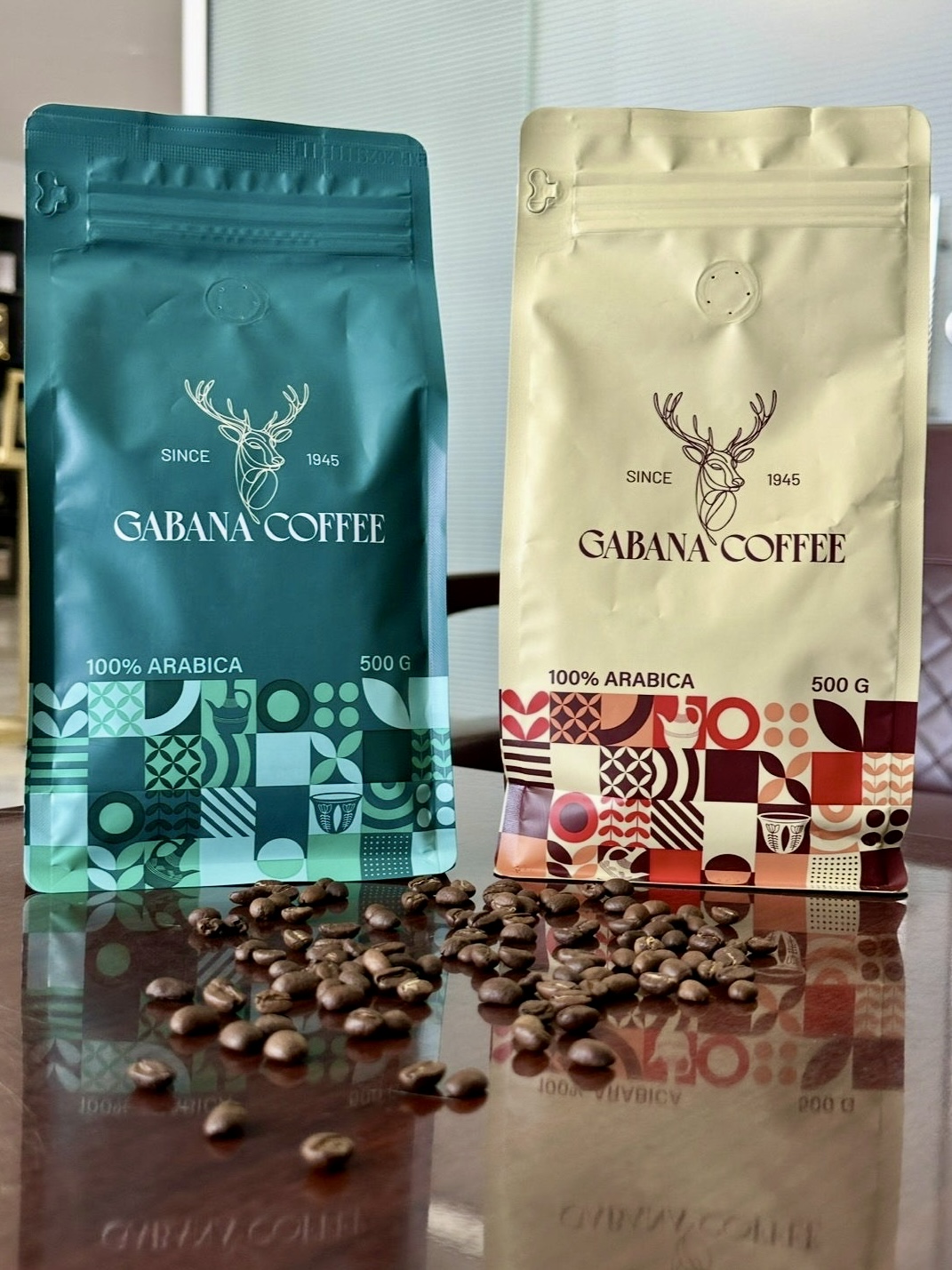 Gabana Coffee retail bags with roasted coffee beans